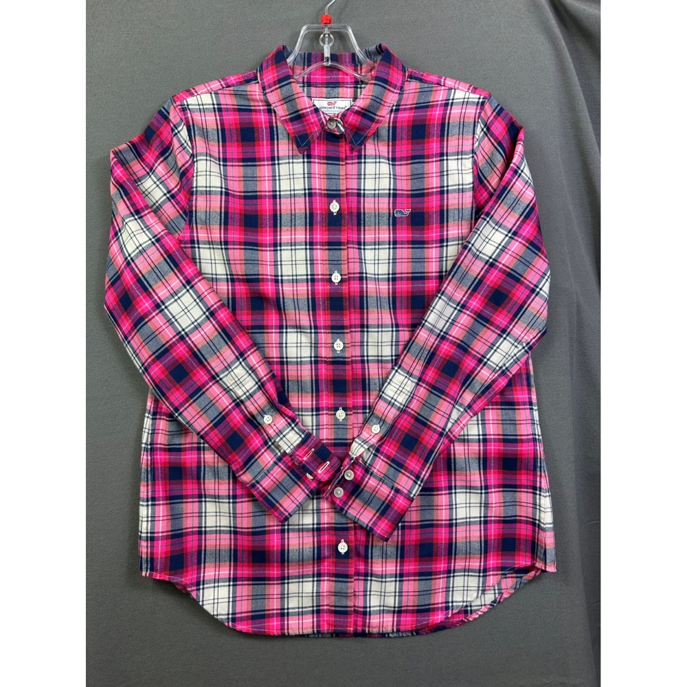Vineyard Vines Women Pink Navy Blue Plaid Flannel Button Down Shirt Whale Size00
